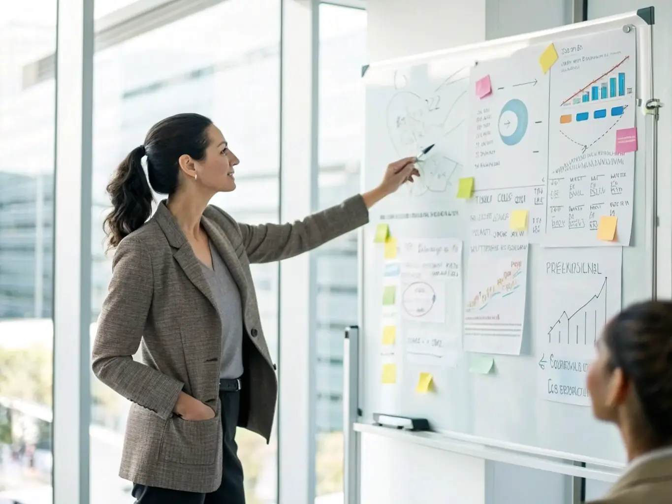 A professional business woman confidently presenting a growth strategy on a whiteboard to her team in a modern office setting.