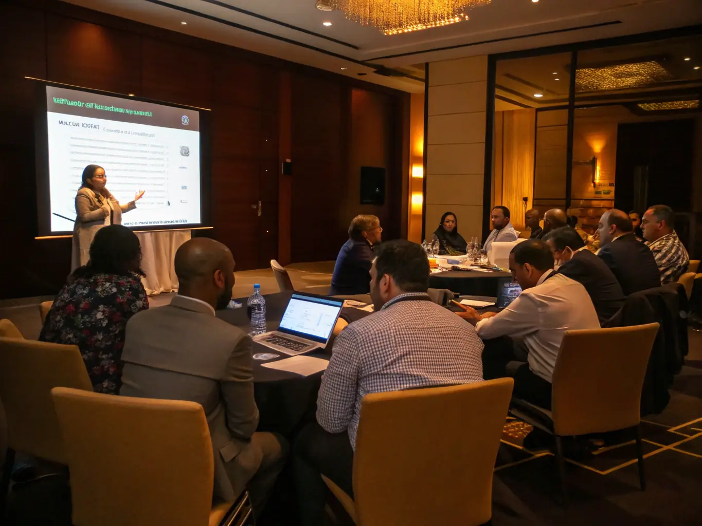 A coach is conducting a leadership training workshop with a diverse group of professionals, focusing on communication skills and team dynamics.